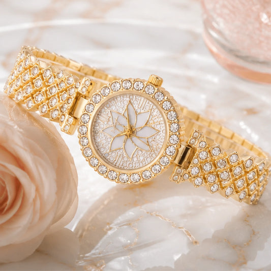 Luxury Floral Crystal Quartz Wrist Watch for Women – Golden