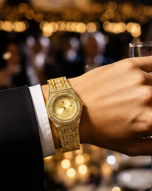Luxury Gold Diamond-Studded Wrist Watch – Premium Designer Style Quartz Watch for Men & Women (Without Box)