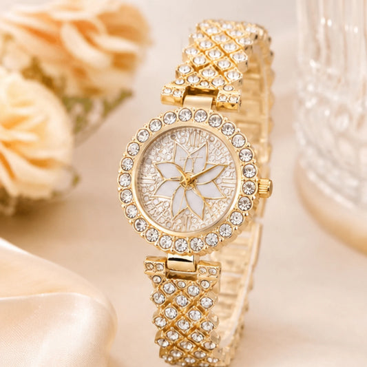 Luxury Floral Crystal Quartz Wrist Watch for Women – Golden