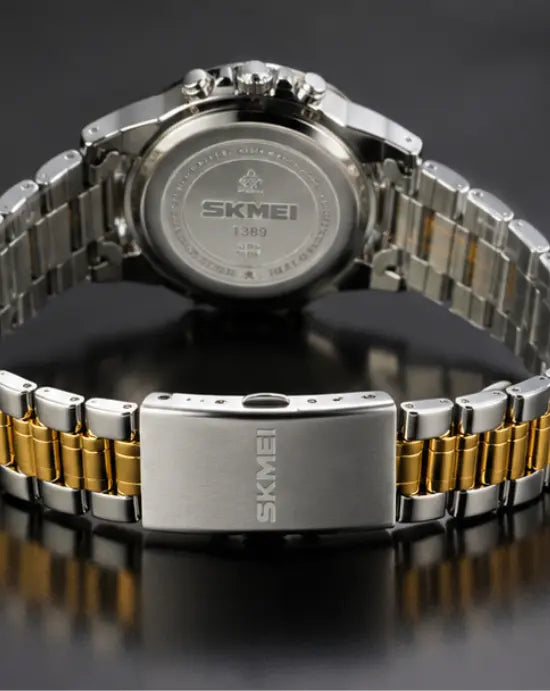 SKMEI 1389 Men’s Digital Analog Business Watch – Two-Tone Gold & Silver Stainless Steel Chronograph with Matte White Dial - without box