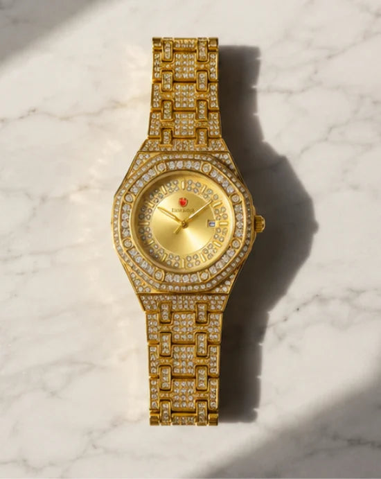 Luxury Gold Diamond-Studded Wrist Watch – Premium Designer Style Quartz Watch for Men & Women (Without Box)