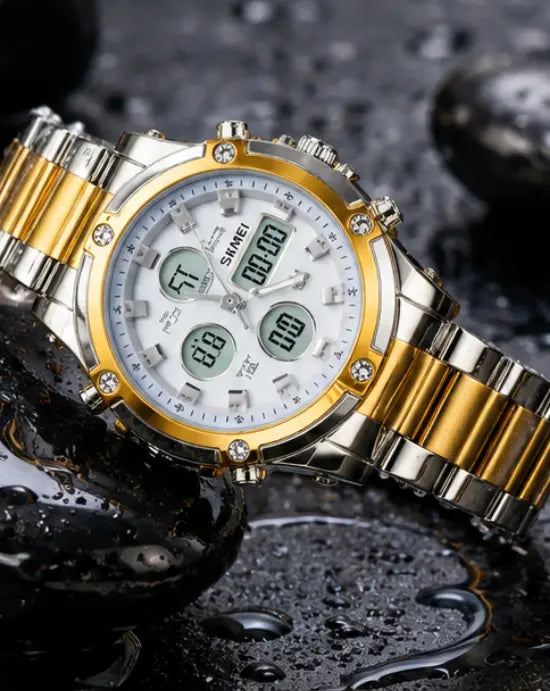 SKMEI 1389 Men’s Digital Analog Business Watch – Two-Tone Gold & Silver Stainless Steel Chronograph with Matte White Dial - without box