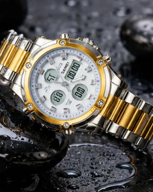 SKMEI 1389 Men’s Digital Analog Business Watch – Two-Tone Gold & Silver Stainless Steel Chronograph with Matte White Dial - without box