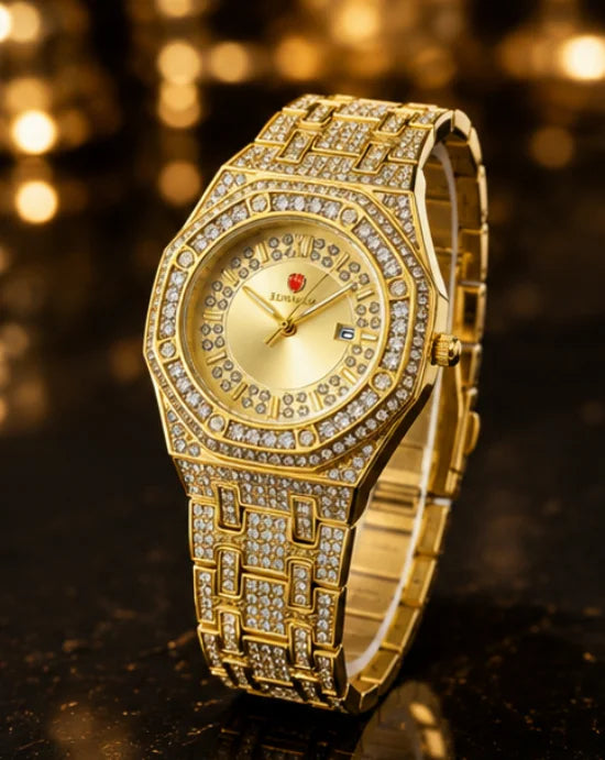 Luxury Gold Diamond-Studded Wrist Watch – Premium Designer Style Quartz Watch for Men & Women (Without Box)