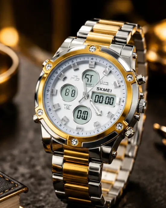 SKMEI 1389 Men’s Digital Analog Business Watch – Two-Tone Gold & Silver Stainless Steel Chronograph with Matte White Dial - without box