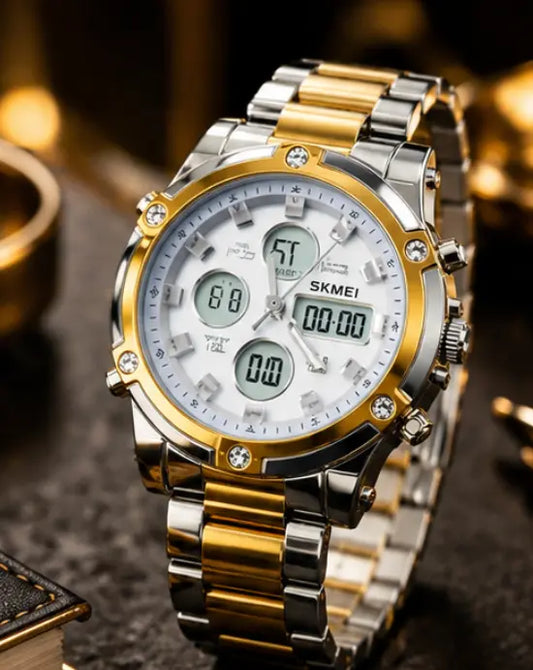 SKMEI 1389 Men’s Digital Analog Business Watch – Two-Tone Gold & Silver Stainless Steel Chronograph with Matte White Dial - without box